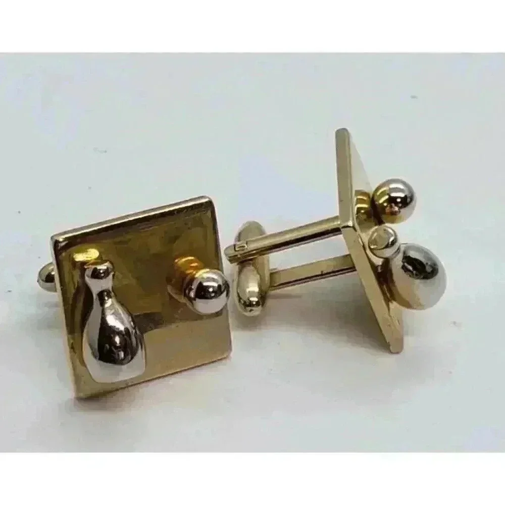 Vintage Cufflinks Bowling Ball & Pin Gold & Silver 3D Dimensional Cuff Links